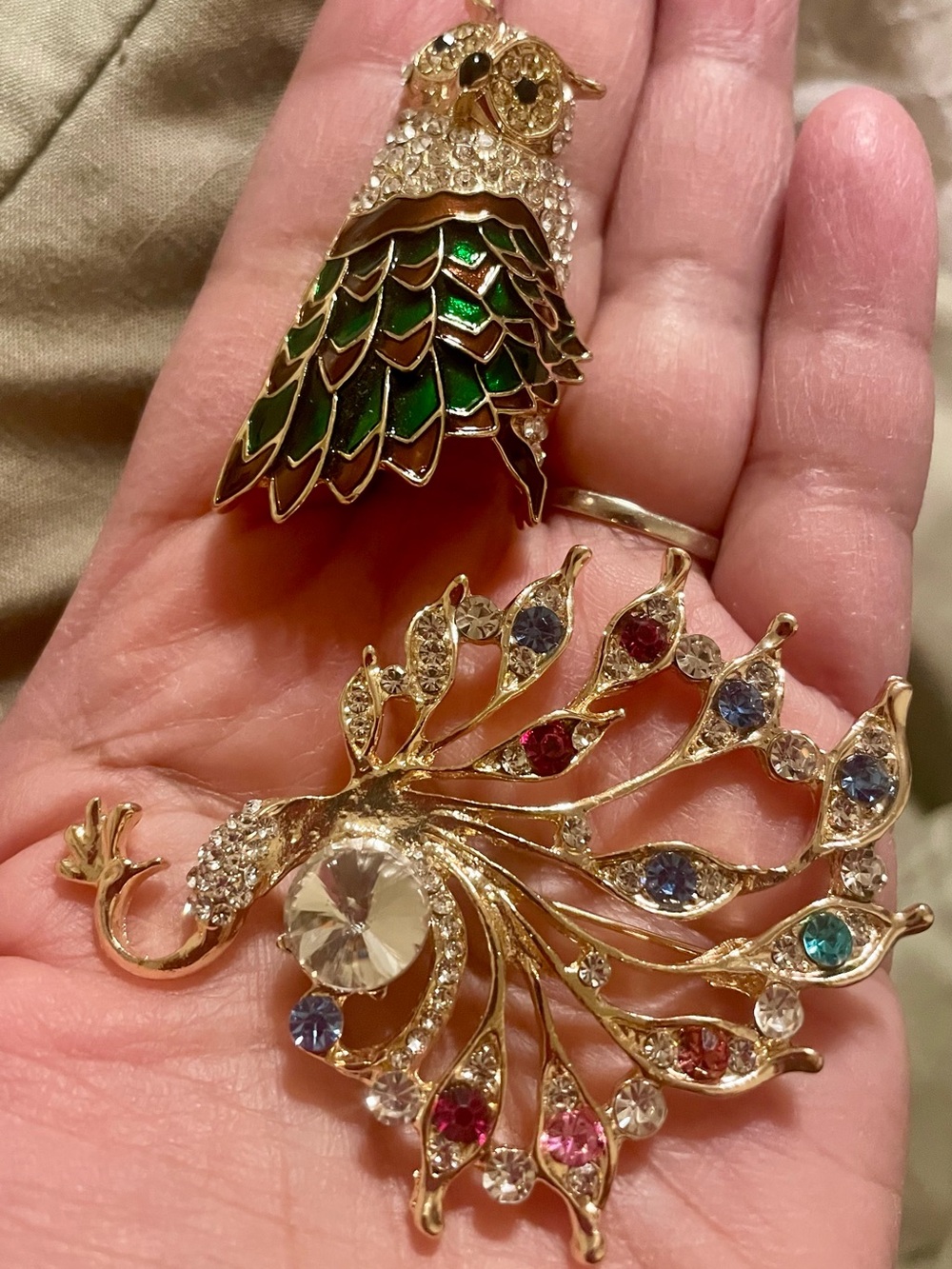 Gold-Tone Green Owl and Multi-Color Peacock Brooch Set - Women Jewelry